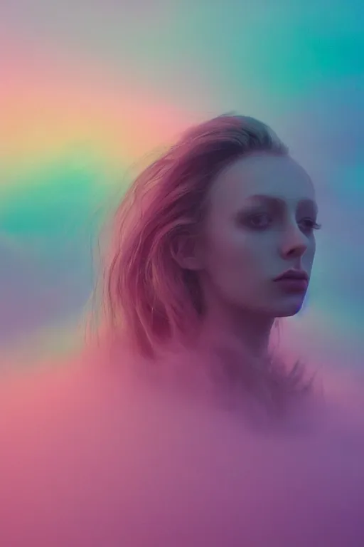 Image similar to high quality pastel coloured film close up wide angle photograph of a model wearing clothing resting on cloud furniture in a icelandic black rock environment in a partially haze filled dreamstate world. three point light, rainbow. photographic production. art directed. pastel colours. volumetric clouds. pastel gradient overlay. waves glitch artefacts. extreme facial clarity. 8 k. filmic.