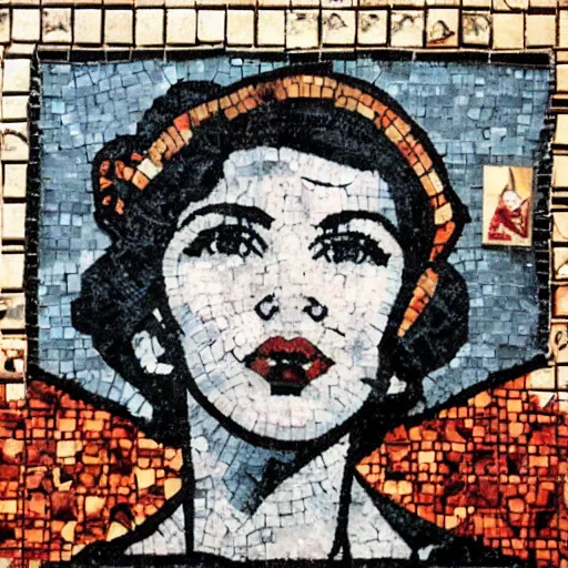 Image similar to rosie the riveter joined the communists, red rose, antifa, on roman mosaic, by Banksy