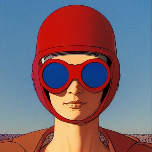 Prompt: woman wearing aviator helmet and googles, drawn by jean giraud and moebius, red