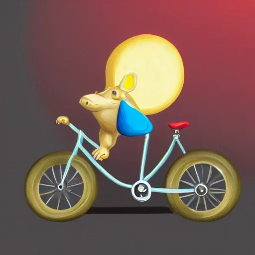 Image similar to bike made of swiss cheese wheels, a cartoonish rat riding the bike on the surface of the moon and, digital painting, greg rutowski, artstation