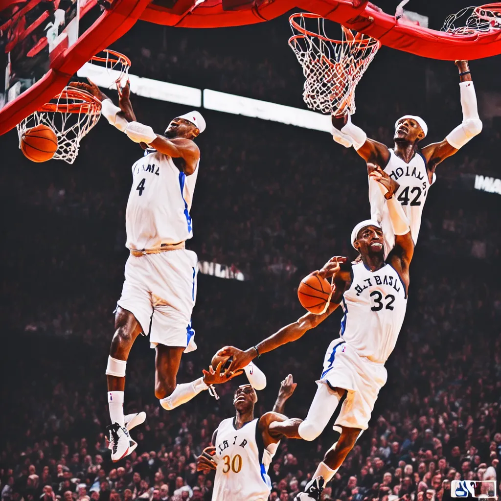 Prompt: very old man slam dunking basketball nba, very detailed, 4 k, professional photography