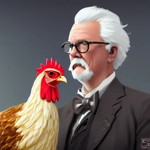 Prompt: closeup of Colonel Sanders petting a a chicken, modern setting, intricate, elegant, highly detailed, digital painting, artstation, concept art, matte, sharp focus, illustration, hearthstone, art by Artgerm and Greg Rutkowski and Alphonse Mucha