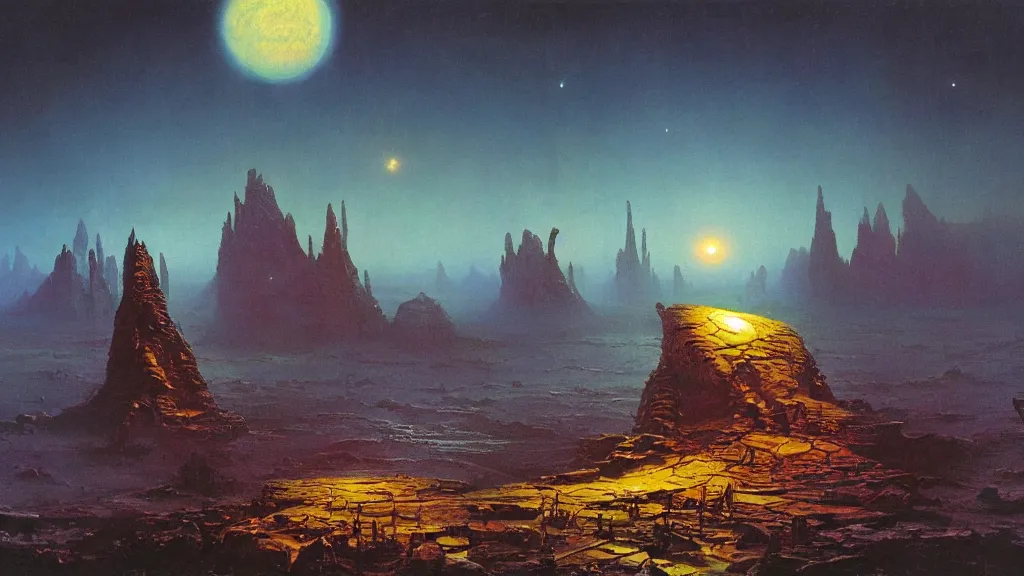 Image similar to otherworldly atmosphere of an evolving alien planet by arthur haas and bruce pennington and paul lehr, cinematic matte painting