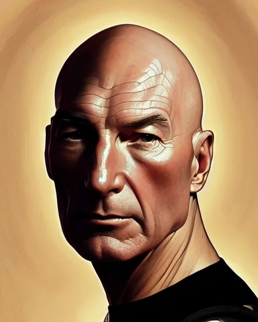 Prompt: Portrait of Jean Luc Picard in a space suit, real life skin, intricate, elegant, highly detailed, artstation, concept art, smooth, sharp focus, art by artgerm and greg rutkowski and alphonse mucha