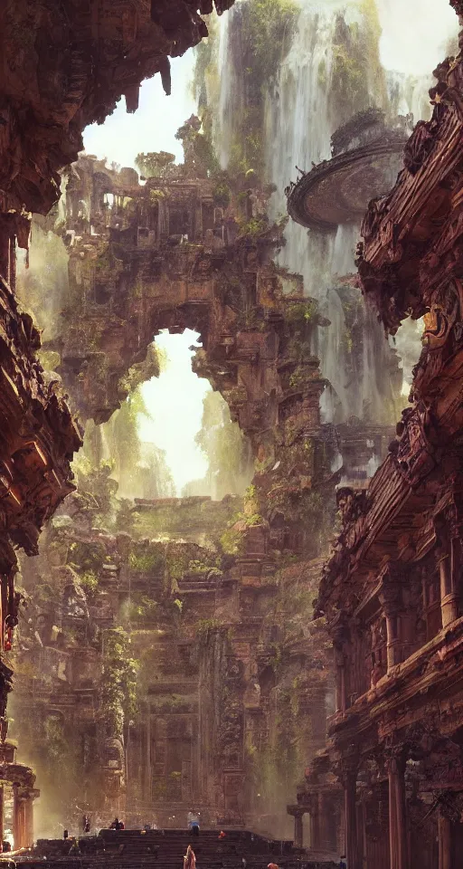 Prompt: looking up at ancient temple ruins interior, waterfall, huge statues, intricate, elegant, vivid colors, highly detailed, john park, craig mullins, sparth, ruan jia, jeffrey catherine jones