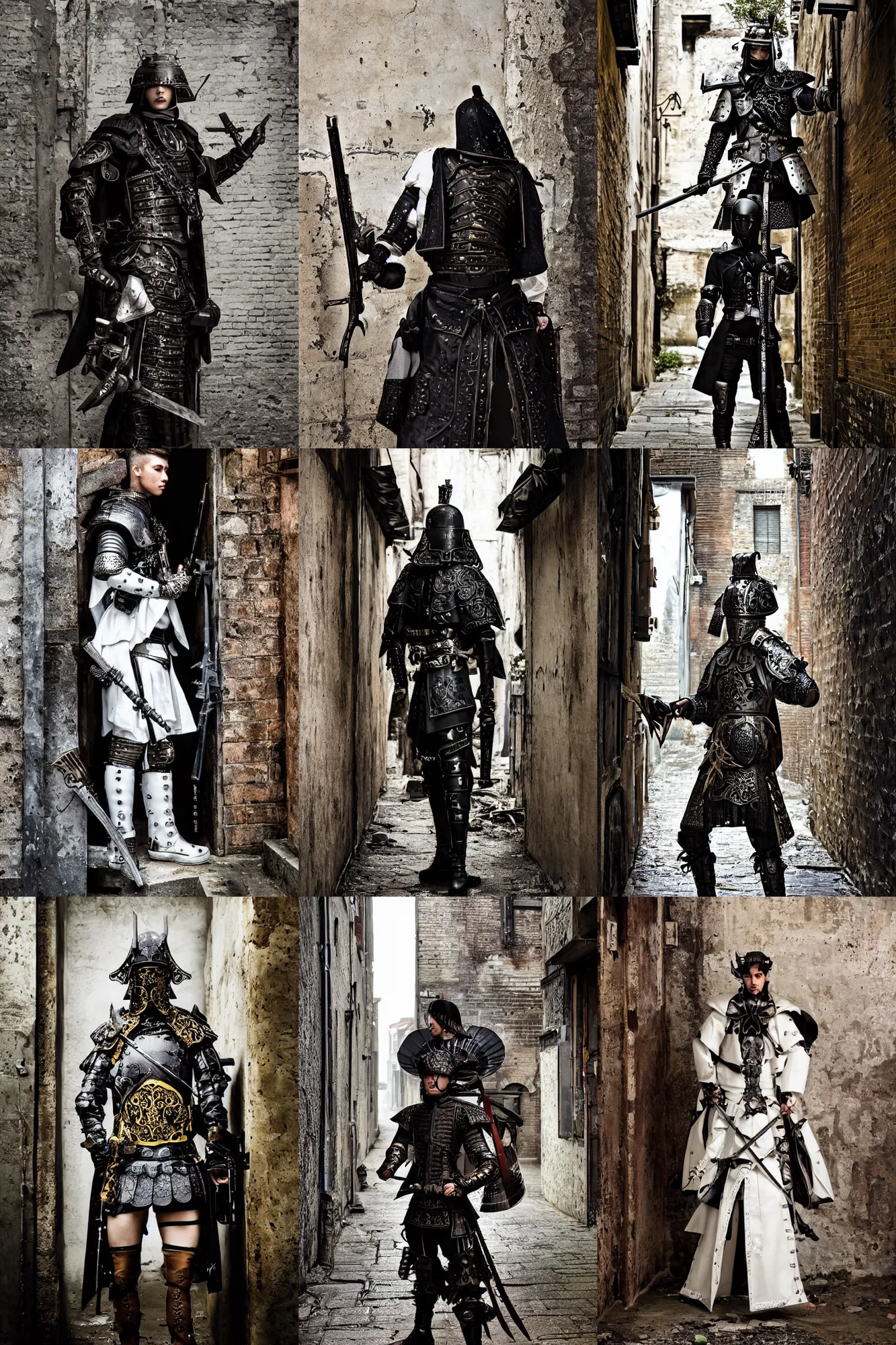 Prompt: fashion model with white ancestral ornate medieval tactical gear standing inside an alleyway, black leather samurai garment, long shot, dark abandoned city streets, by irving penn and storm thorgerson, ren heng, peter elson,