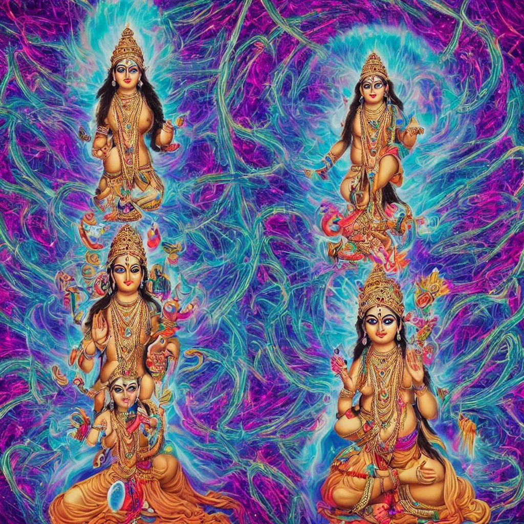 Prompt: a spiritual cosmic psy and realistic hindu goddess looking at the camera in a photo shoot with blue eyes, the whole image is fluid psychedelic designs and cinematic lighting, octane engine, , hyper realistic, surreal, symmetry perfect, ful color,visionary art