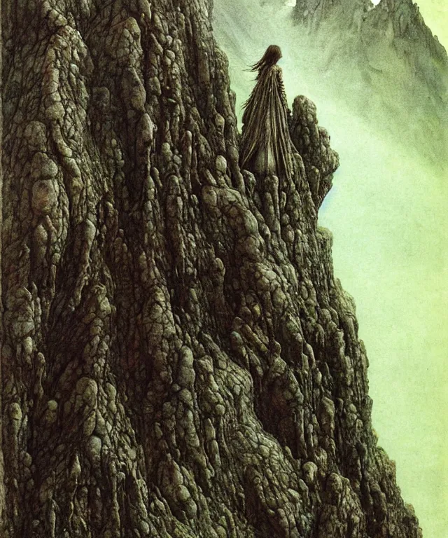 Image similar to a detailed mantiswoman stands among the mountains. wearing a ripped mantle, robe. perfect faces, extremely high details, realistic, fantasy art, solo, masterpiece, art by zdzislaw beksinski, arthur rackham, dariusz zawadzki