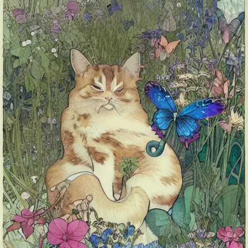 Prompt: a beautiful intricate watercolor illustration of a sleeping cat in the garden, butterflies, watering can, 4 k, ultra - wide angle, by william turner, by victo ngai, by alphonse mucha, by miho hirano, by moebius, hd, trending on artstation, hyper detailed, muted intense colors