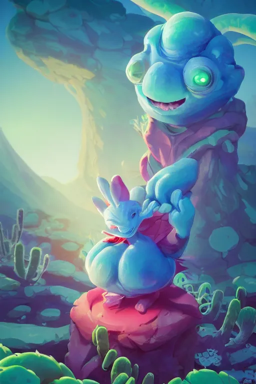 Image similar to smurf ghost creature animal sushi cristal very big eye roots cactus elemental flush of force nature micro world fluo fishscale, behance hd by jesper ejsing, by rhads, makoto shinkai and lois van baarle, ilya kuvshinov, rossdraws radiating a glowing aura global illumination ray tracing hdr