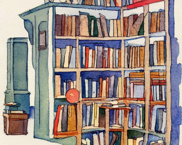 Prompt: small bookstore simple geometric watercolor painting in the style of george barbier