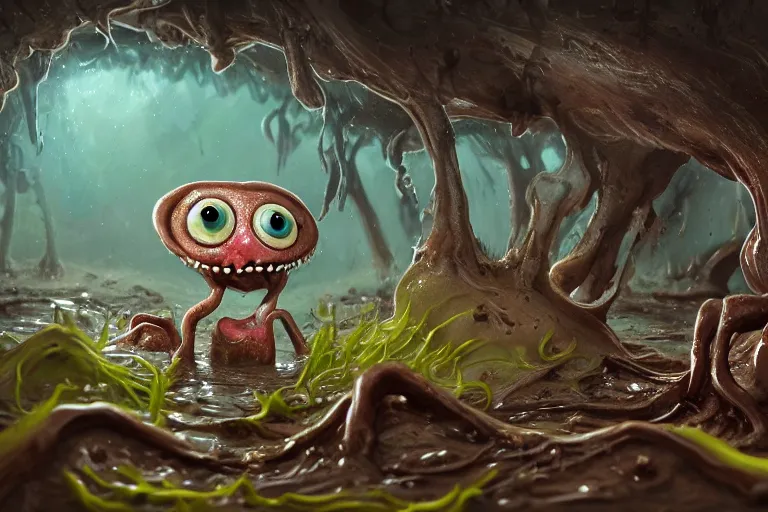 Prompt: of an intricate murky clay swamp with strange cute friendly laughing creatures with huge eyes, long tongue, square teeth and funny face appearing from the mud, in the style of craola, macro lens, shallow depth of field, highly detailed, digital painting, trending artstation, concept art, illustration, cinematic lighting, vibrant colors, photorealism, epic, octane render