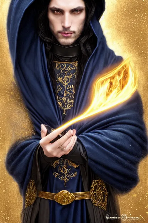 Prompt: handsome mage casting a spell, long black hair blue eyes wearing leather mantle gothic navy cloak with gold details, castle town, fantasy character portrait, ultra realistic, intricate, elegant, cinematic lighting, highly detailed, digital painting, artstation, smooth, sharp, focus, illustration, art by artgerm and greg rutkowski and alphonse mucha