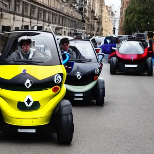 Prompt: photo of a clown driving a renault twizy in traffic jam,