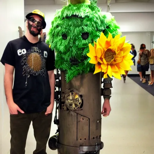 Image similar to ethan klein as a steampunk robot holding a large sunflower in a long futuristic hallway