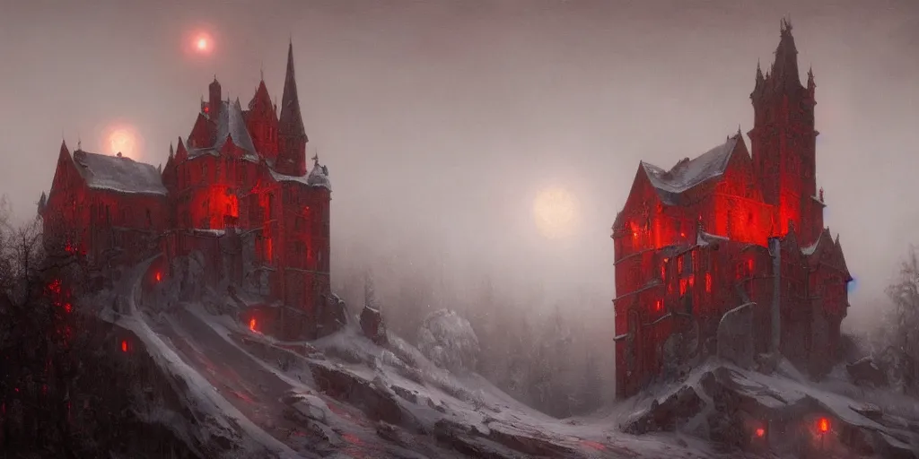 Prompt: A hyper realistic oil painting of a gothic castle made out of crimson stone, surrounded by snow, surrounded by fog, moody cinematic lighting, red moonlight above the castle, hyper detailed, by greg rutkowski, trending on artstation