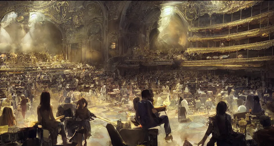 Prompt: craig mullins and ghibli digital art of inside the grand theater, many audience, on the stage, masked female violinists, exotic costumes, gold jewelry, black hair, solo performance unreal engine, hyper realism, realistic shading, cinematic composition, realistic render, octane render, detailed textures, photorealistic, wide shot