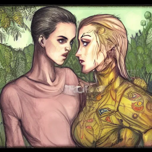 Prompt: modest short - haired tattooed heroic stoic handsome muscular blonde butch tomboy woman engineer in jumpsuit standing beside taller dark fae feathered modest gothic jennifer connelly in long dress, standing together in a beautiful lush garden at night, in love, highly detailed, trending on art station, illustration, oil painting, comic book