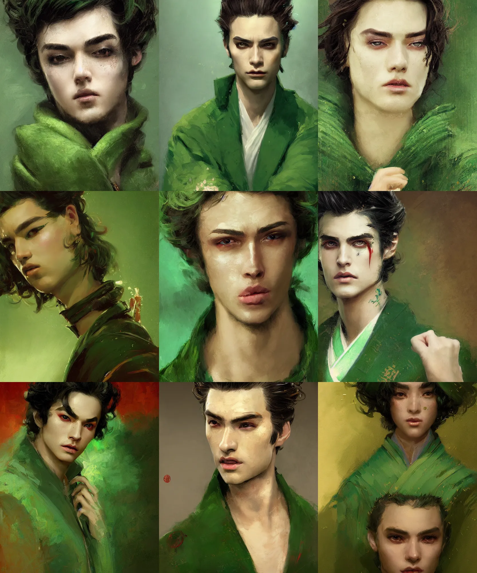 Prompt: digital art painting of young handsome guy dnd portrait, short wavy hair, geisha make up, wearing a green jacket painted by craig mullins and gaston bussiere and greg rutkowski, symmetrical face, defined facial features, symmetrical facial features, dramatic lighting, ambient lighting, close up