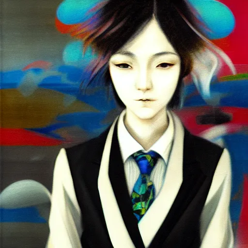 Image similar to yoshitaka amano blurred and dreamy realistic three quarter angle portrait of a young woman with short hair and black eyes wearing office suit with tie, junji ito abstract patterns in the background, satoshi kon anime, noisy film grain effect, highly detailed, renaissance oil painting, weird portrait angle, blurred lost edges