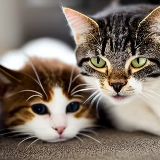 Image similar to Photo of two cats chatting, close-up.