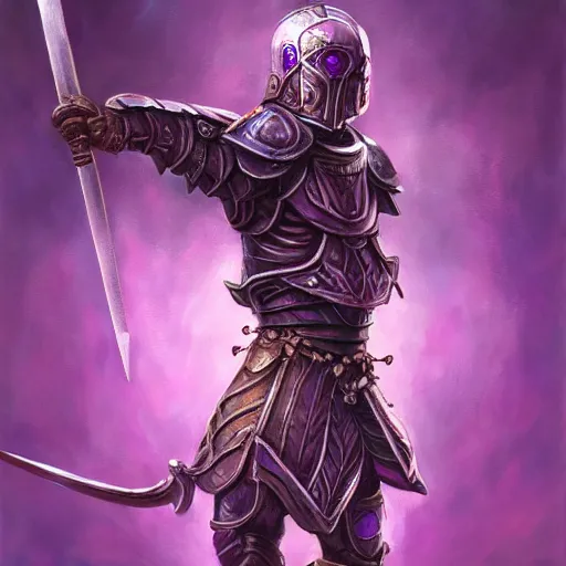 Image similar to reaching for a purple crystal armored mouse sword warrior, trending on Artstation, award winning, Oil Painting, 8k scan