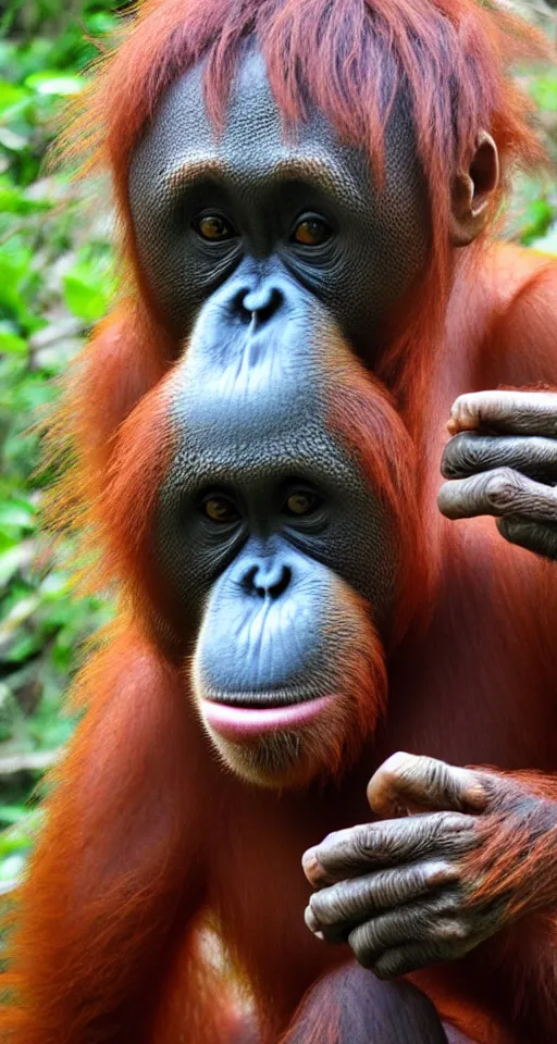 Image similar to Orangutan second-hand smoking, iPhone selfie