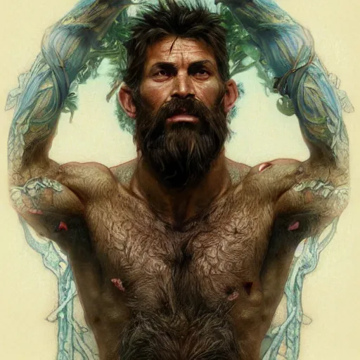 Image similar to portrait of the god of the forest, 40 years old, rugged, male, gorgeous, detailed face, amazing, hairy torso, muscular, intricate, highly detailed, digital painting, artstation, concept art, sharp focus, illustration, art by greg rutkowski and alphonse mucha