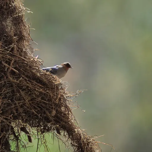 Image similar to a cartoonish bird sniffing fresh air after waking up in the morning, right before taking off the nest