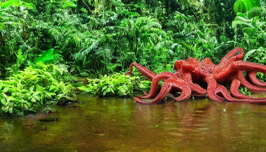 Image similar to a rainy foggy jungle, river with low hanging plants, there is a giant coral colored octopus in the water, great photography, ambient light