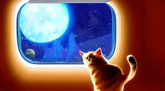 Image similar to cat seen from behind wearing a spacesuit in a space station watching the stars trough a large window, digital painting, dramatic lighting, highly detailed, artstation, concept art