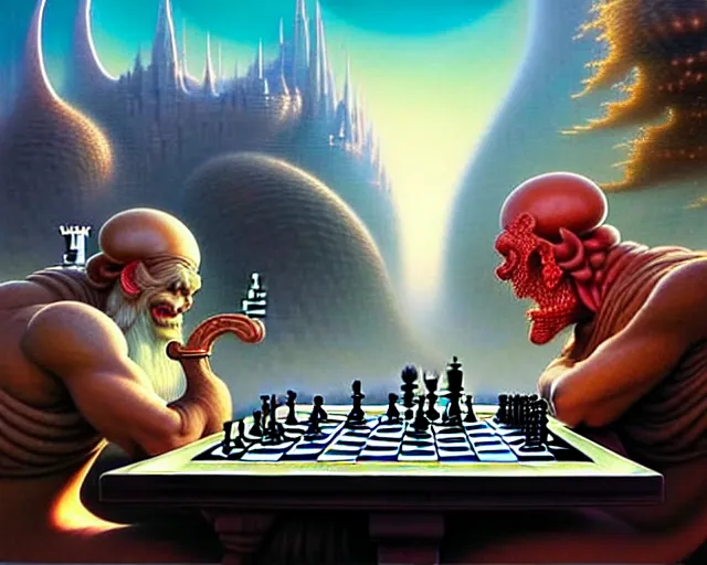 Image similar to street view of two gods playing chess with humans, fantasy landscape made of fractals facing each other, ultra realistic, wide angle, intricate details, the fifth element artifacts, highly detailed by peter mohrbacher, hajime sorayama, wayne barlowe, boris vallejo, aaron horkey, gaston bussiere, craig mullins