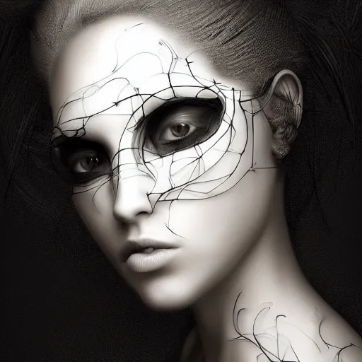 Image similar to portrait of a young beautiful woman with a mask. contemporary photograph and speed painting and fractal and mandelbulb and lines and scribble art. black and white. intricate, elegant, super highly detailed, professional digital painting, artstation, concept art, smooth, sharp focus, no blur, no dof, extreme illustration, Unreal Engine 5, Photorealism, HD quality, 8k resolution, cinema 4d, 3D, beautiful, cinematic, art by artgerm and greg rutkowski and alphonse mucha and loish and WLOP