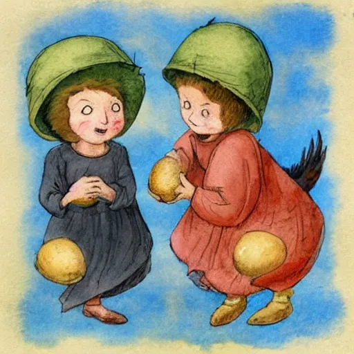 Image similar to two orphans with hats and middle ages simple clothes, holding eggs with their arms, running from a flying angry chicken, illustration for children, bright faded watercolor on grainy paper,. accurate anatomy. symmetry.