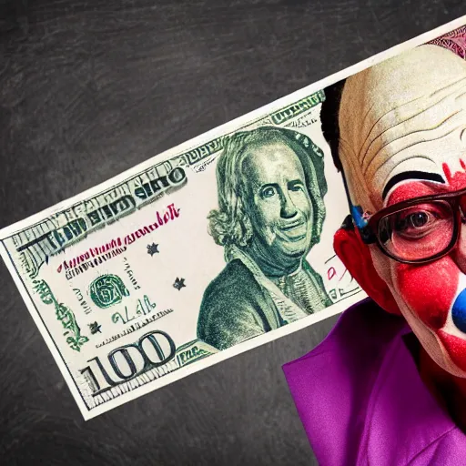 Image similar to A clown holding a dollar banknote, background is a slum, cinematic, epic, highly-detailed, photo realistic