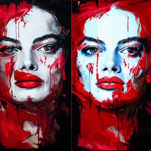 Prompt: portrait of margot robbie with two faces covered with red dripping paint, artwork by guy denning and charlie bowater,