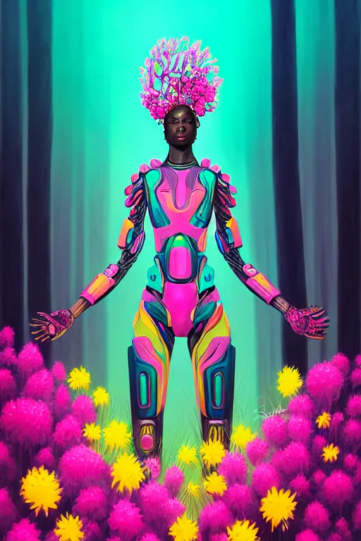 Image similar to illustration neo - futurist cinematic super expressive! yoruba goddess with exoskeleton armor, merging with tree in a forest, pink yellow flowers, highly detailed digital art masterpiece, smooth etienne sandorfi eric zener dramatic pearlescent soft teal light, ground angle uhd 8 k, sharp focus