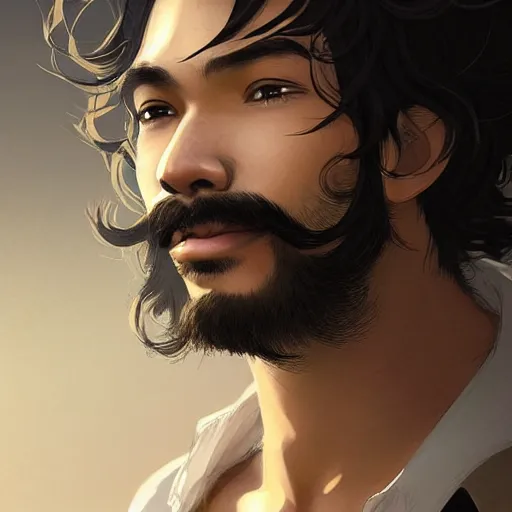 Prompt: Portrait of man with Tousled Curls type hair and Brown Indonesian-type skin, with round face and small mustache, atmospheric lighting, intricate detail, cgsociety, ambient light, dynamic lighting, anime style by Yusuke Kozaki