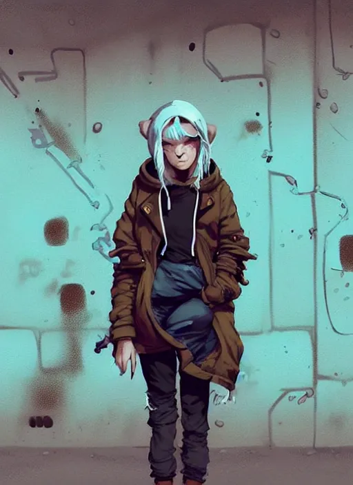 Image similar to highly detailed portrait of a sewer punk swedish young lady, hoodie, white hair by atey ghailan, by greg rutkowski, by greg tocchini, by james gilleard, by joe fenton, by kaethe butcher, gradient light blue, blonde, brown, cream and white color scheme, grunge aesthetic!!! ( ( graffiti tag wall background ) )