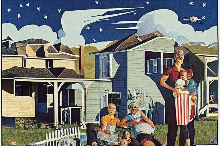 Image similar to a smiling american family sunbathing, abandoned suburbs house, bombs in the sky by davegore and grant wood, 5 0'posters art style, surreal,