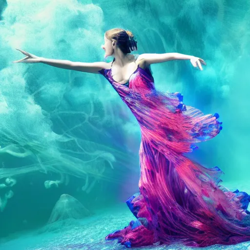 Image similar to woman dancing underwater wearing a flowing dress made of many translucent layers of blue, magenta, and yellow lace seaweed, delicate coral sea bottom, swirling silver fish, swirling smoke shapes, unreal engine, caustics lighting from above, cinematic, hyperdetailed