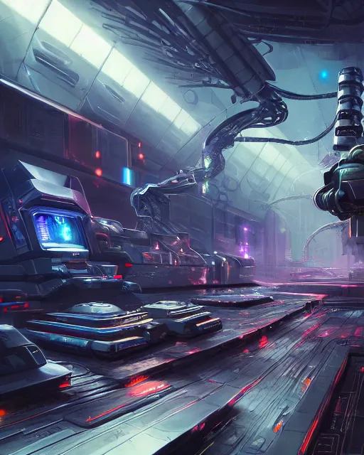Image similar to cult of technology, exterior of scifi temple, machines, robots, ultra realistic, gaming computers, highly detailed, simulation, atmosphere, masterpiece, epic lighting, glowing wires, transparent objects, mysterious, highlighted, 4 k, cinematic, art by patryk olkiewicz and chris ostrowski and liang yao