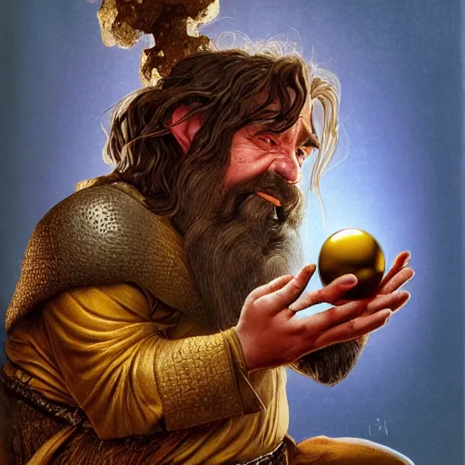 Image similar to portrait of a dwarf showing off the humongous raw gold nugget, realistic, beautiful, fantasy art, dnd, lord of the rings, by eyvind earle, james jean, concept art, sharp focus, ray tracing