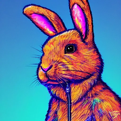 Image similar to portrait of rabbit with UV neon fur holding a machine gun , 8k, highly detailed, sharp, realistic, in style of Lisa Frank, Artstation, deviantart