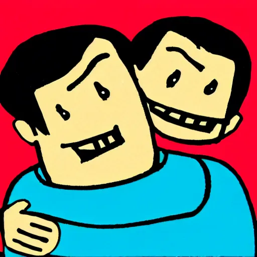 Prompt: cartoon of two man hugging each other