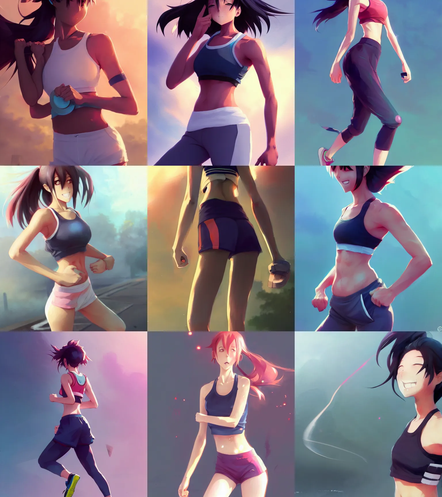 attractive anime girl jogging, sports bra and