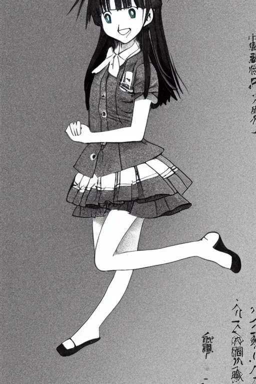 Image similar to A japanese manga high school girl, full body, high detail portrait, jump, hakusensha