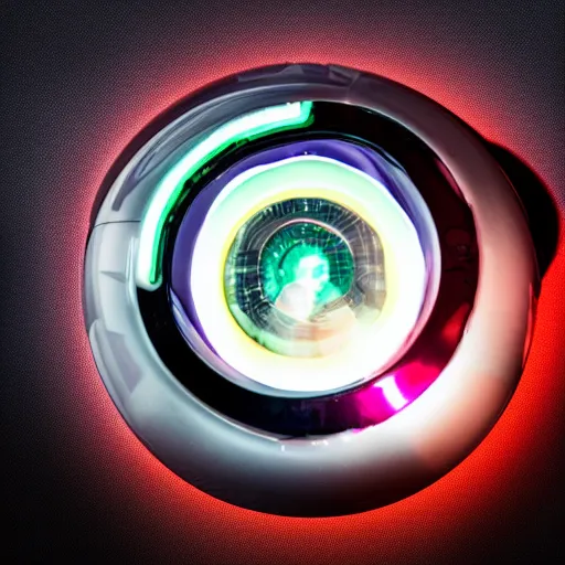 Image similar to A cyberpunk themed Pokeball, professional showroom photograph, studio lighting