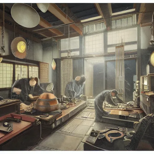 Image similar to detailed painting of a japanese repair shop interior room with celestial ephemeral ornaments and hr giger architecture, artstation, greg crewdson, cinematic