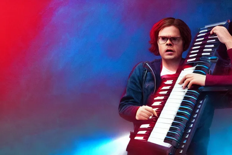Prompt: dwight schrute playing the keytar aggressively, dramatic scene, heavy blue fog, red lightning strike, ultra wide angle, movie still, photorealistic, stranger things, netflix, upside - down, colorful lighting, grainy, aerial shot, shot from above, movie still